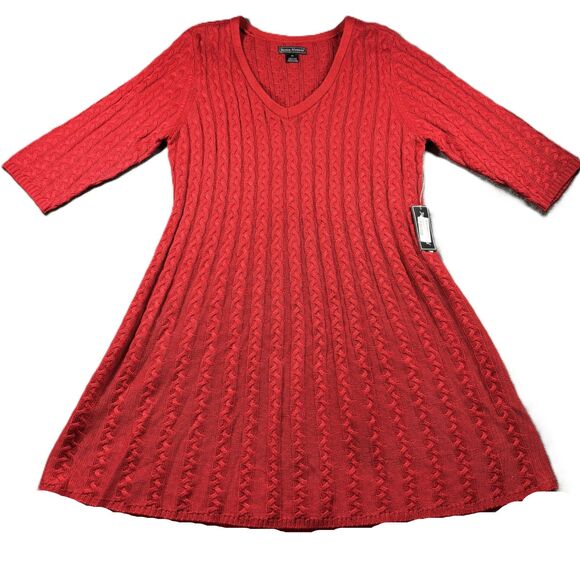 Jessica Howard Women NWT New Sweater Dress Cable Knit V-Neck Red Size 2X J102 - Picture 1 of 9
